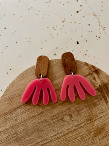 wood and pink acrylic dangle earring