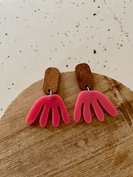 wood and pink acrylic dangle earring