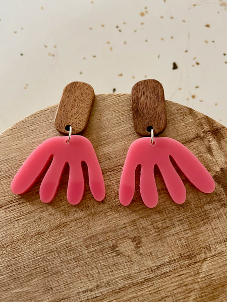 wood and pink acrylic dangle earring