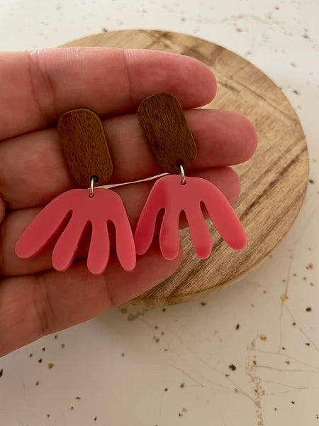 wood and pink acrylic dangle earring