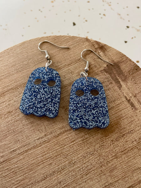 blue glittery ghost dangle earring