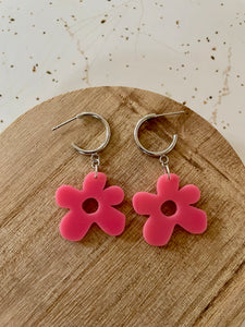 silver hoop pink flower acrylic dangle earring