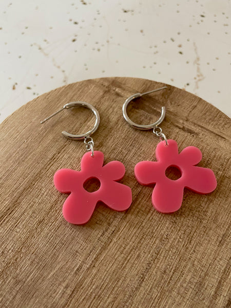 silver hoop pink flower acrylic dangle earring