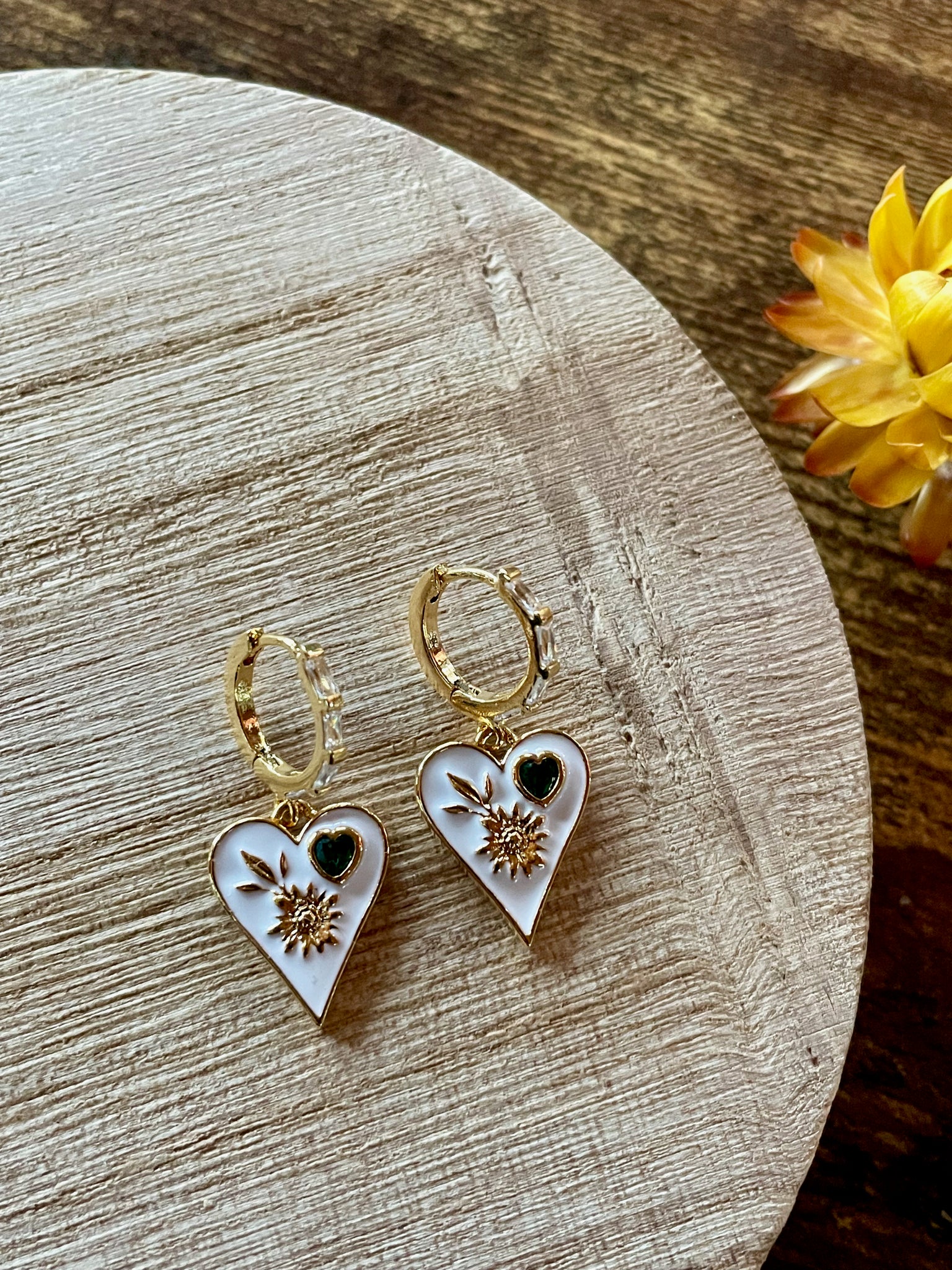 white enamel heart gold huggie