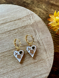 white enamel heart gold huggie