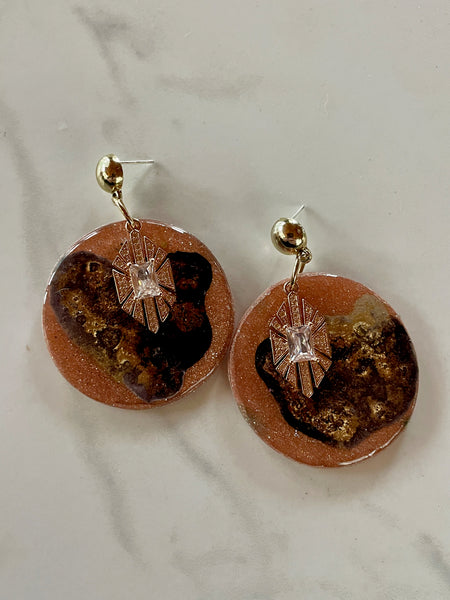orange abstract ink and clay dangle earrings