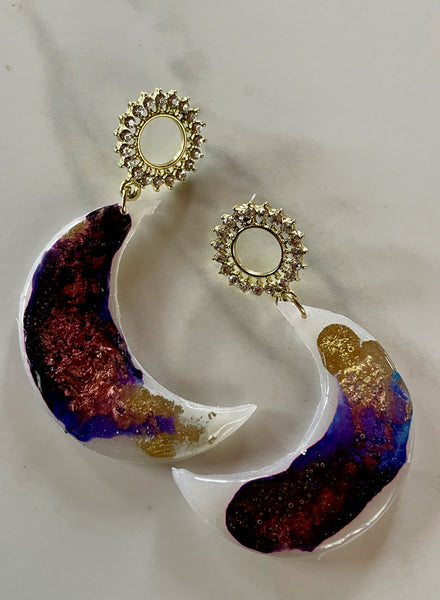 crescent moon abstract ink and clay dangle earrings