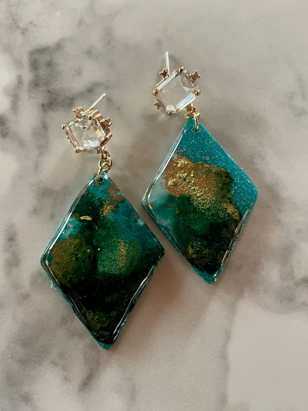 turquoise blue abstract ink and clay dangle earrings