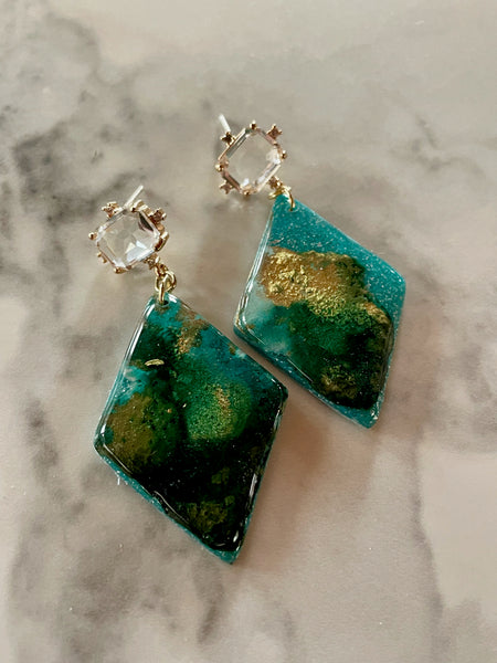 turquoise blue abstract ink and clay dangle earrings