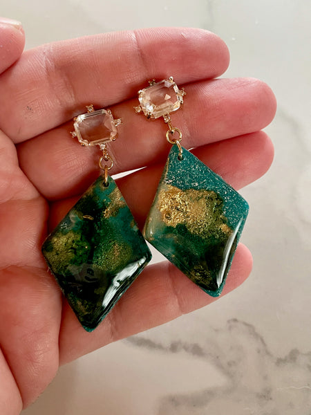 turquoise blue abstract ink and clay dangle earrings