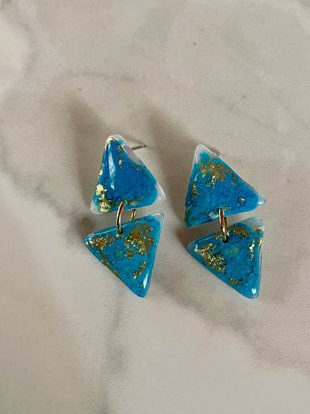 turquoise blue abstract ink and clay dangle earrings