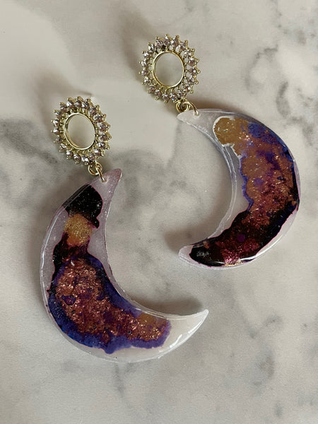 crescent moon abstract ink and clay dangle earrings