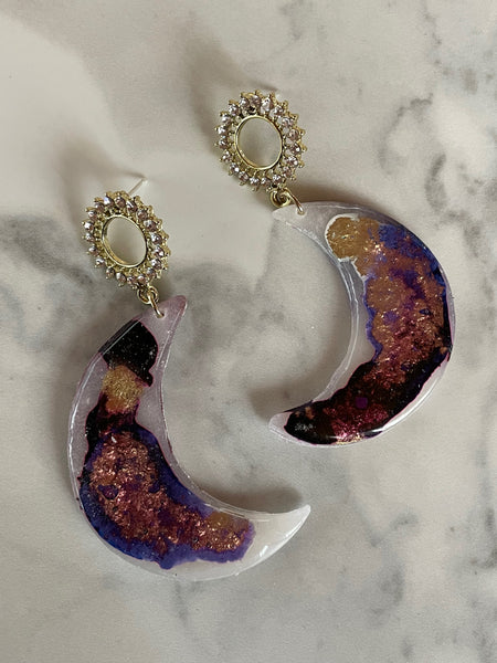 crescent moon abstract ink and clay dangle earrings