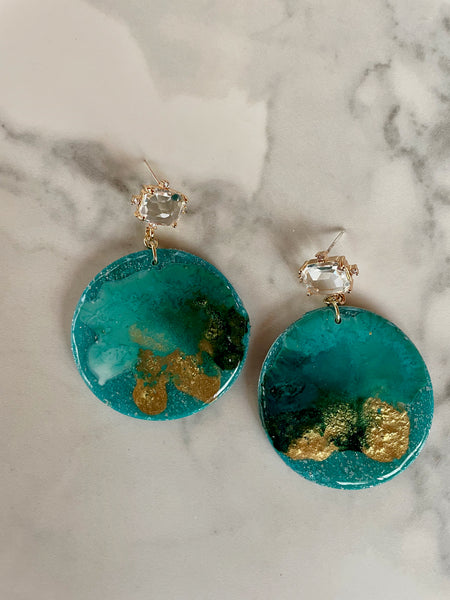 turquoise blue abstract ink and clay dangle earrings