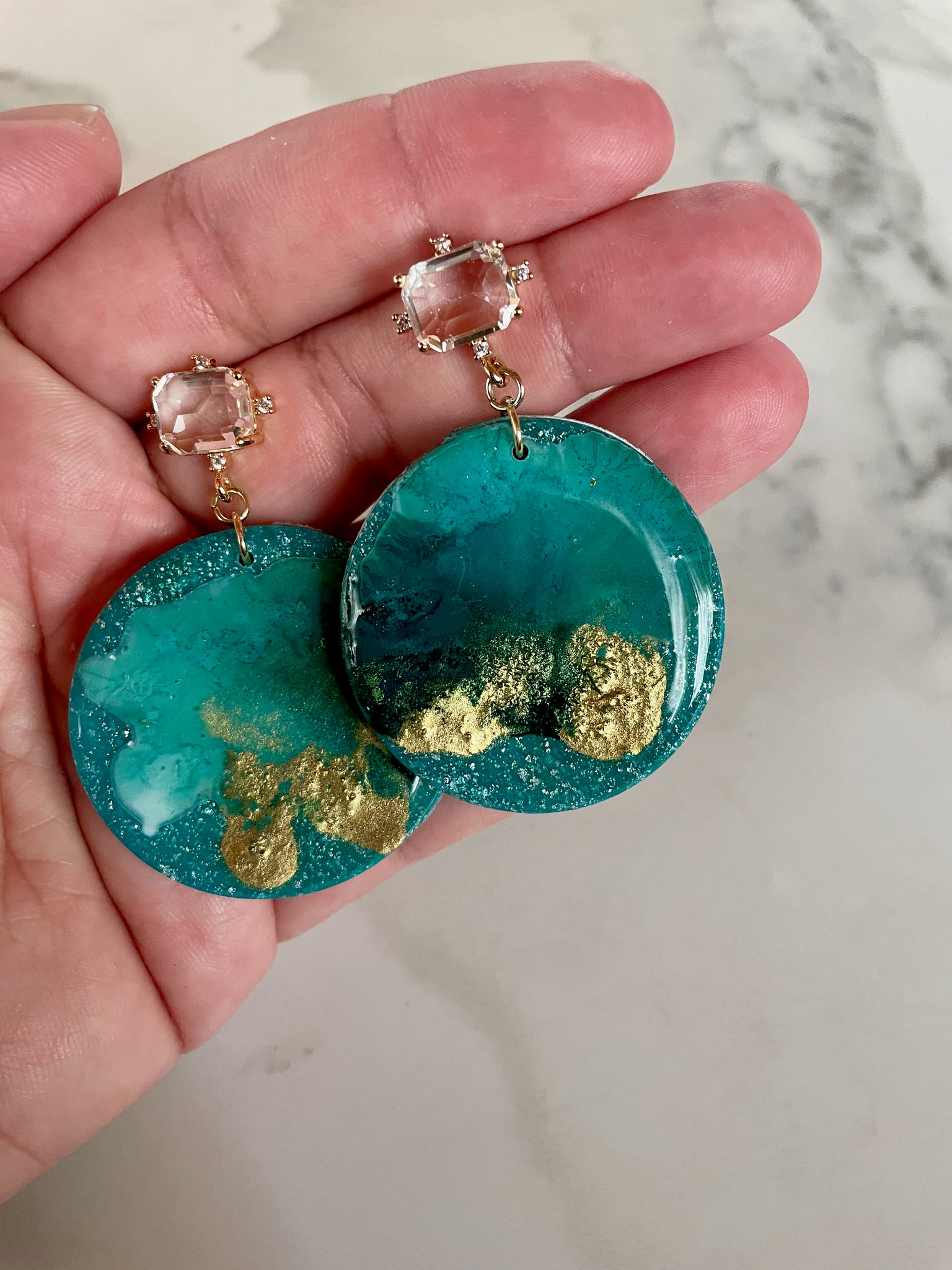 turquoise blue abstract ink and clay dangle earrings