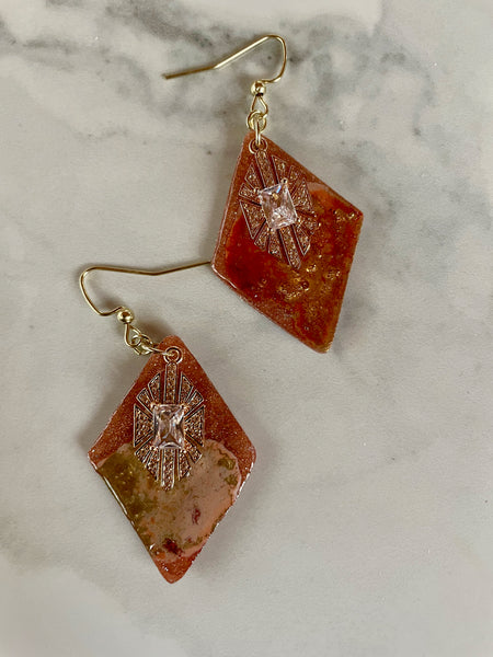 orange abstract ink and polymer clay dangle earrings