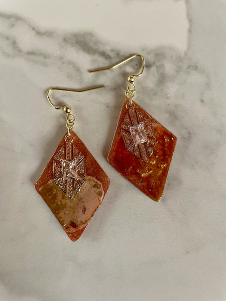 orange abstract ink and polymer clay dangle earrings