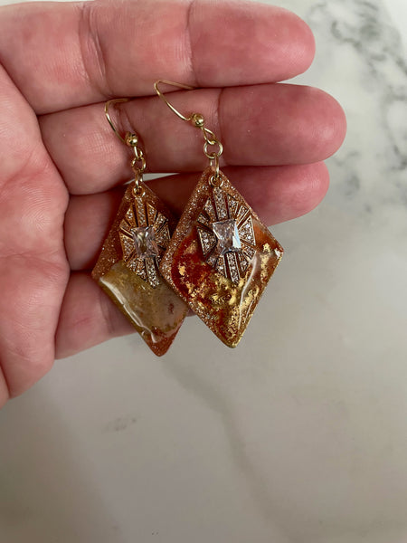 orange abstract ink and polymer clay dangle earrings