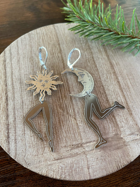 dancing sun and moon silver earrings