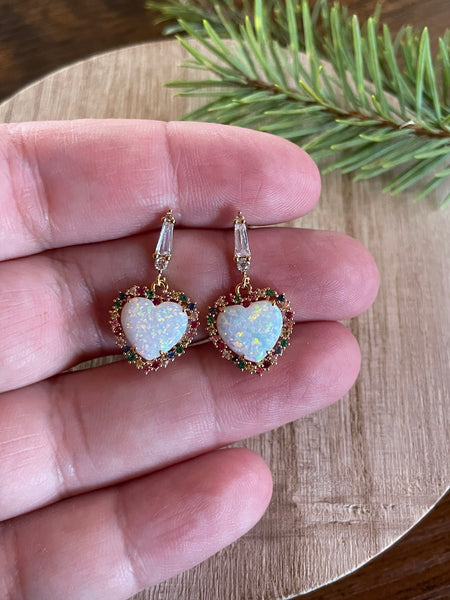 opal heart rainbow dangle earring