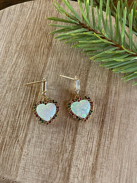 opal heart rainbow dangle earring