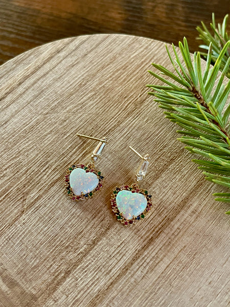 opal heart rainbow dangle earring