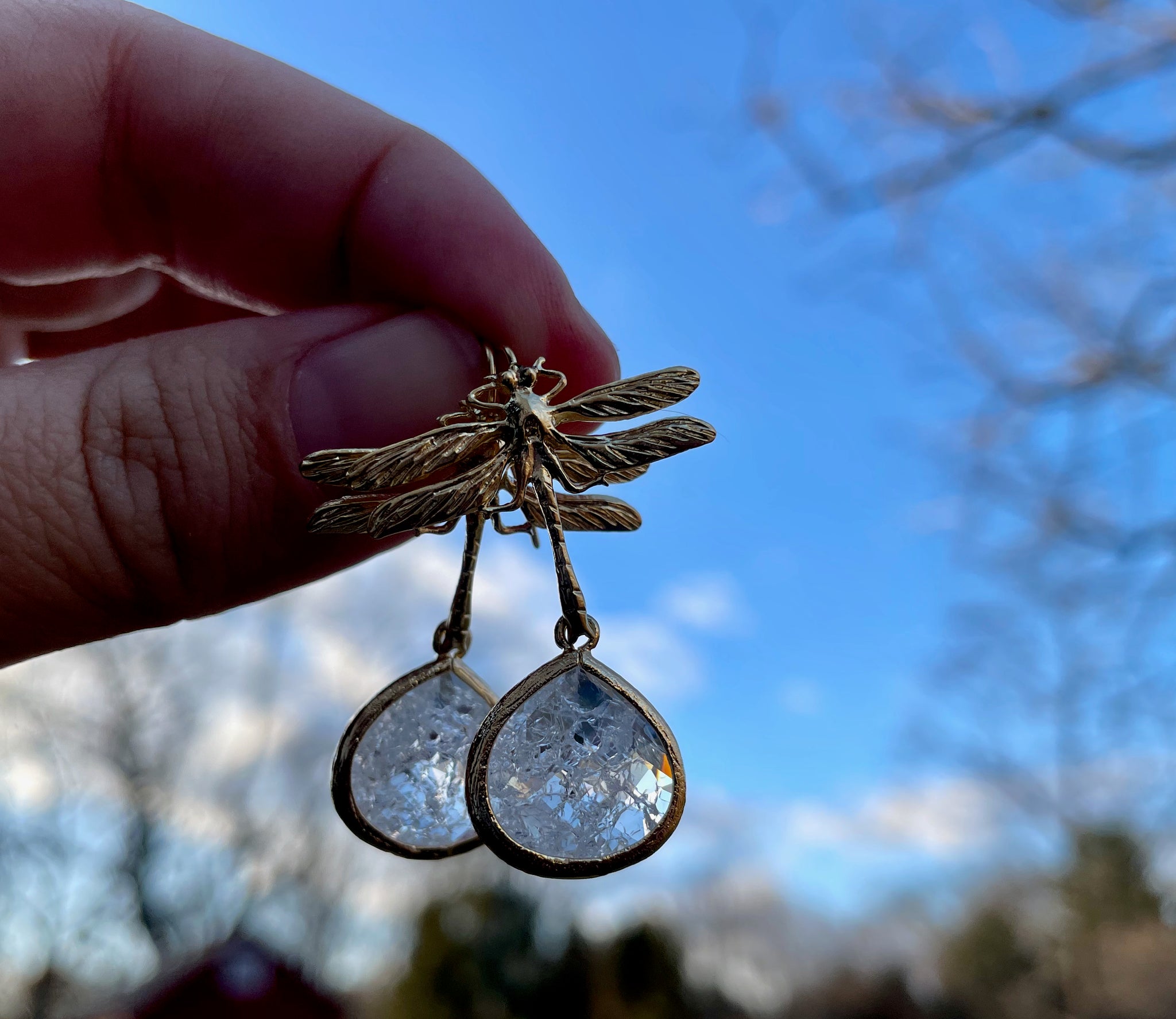 gold dragonfly dangle earrings