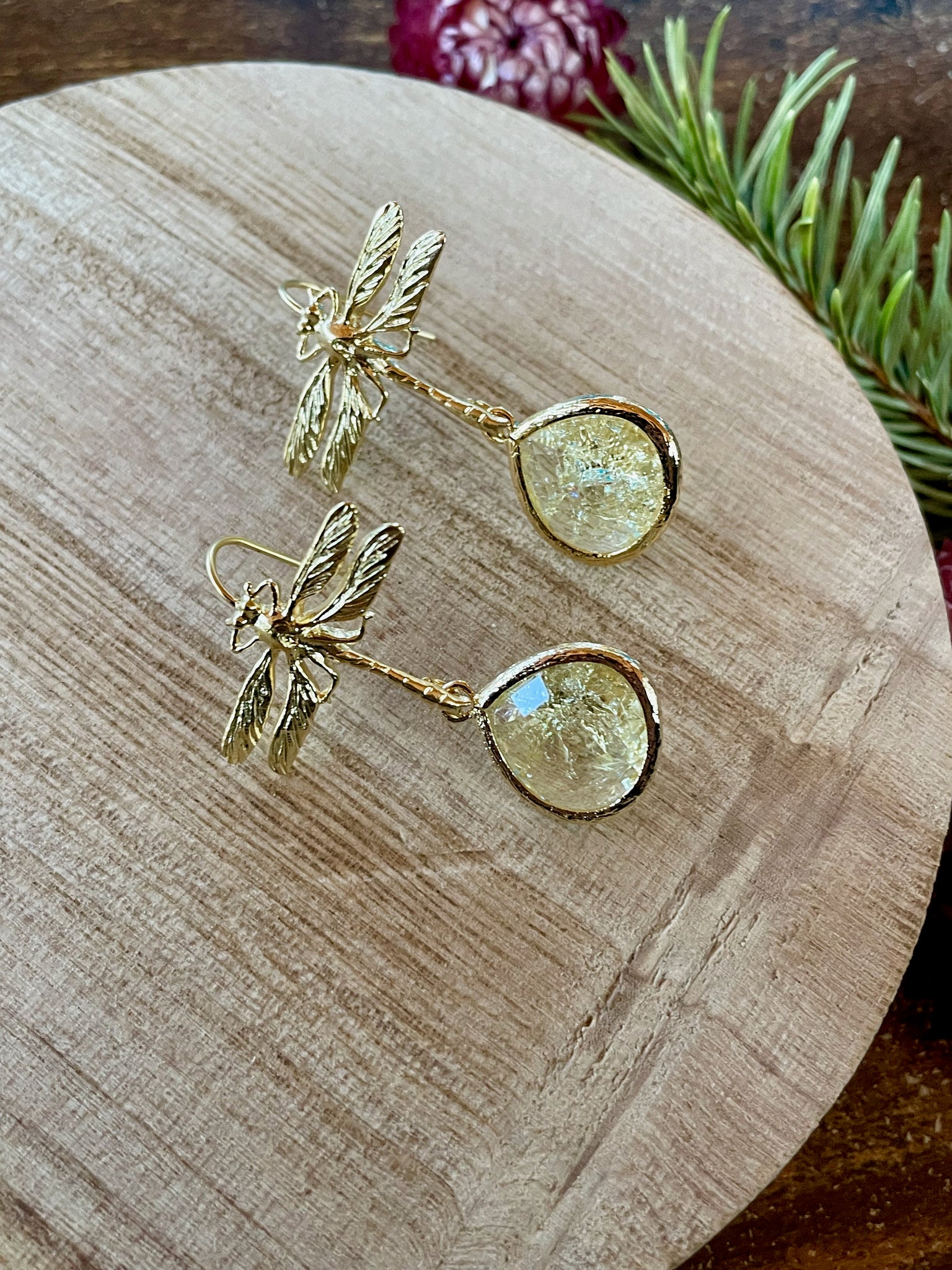 gold dragonfly dangle earrings