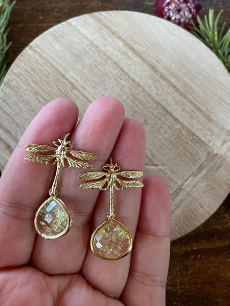 gold dragonfly dangle earrings