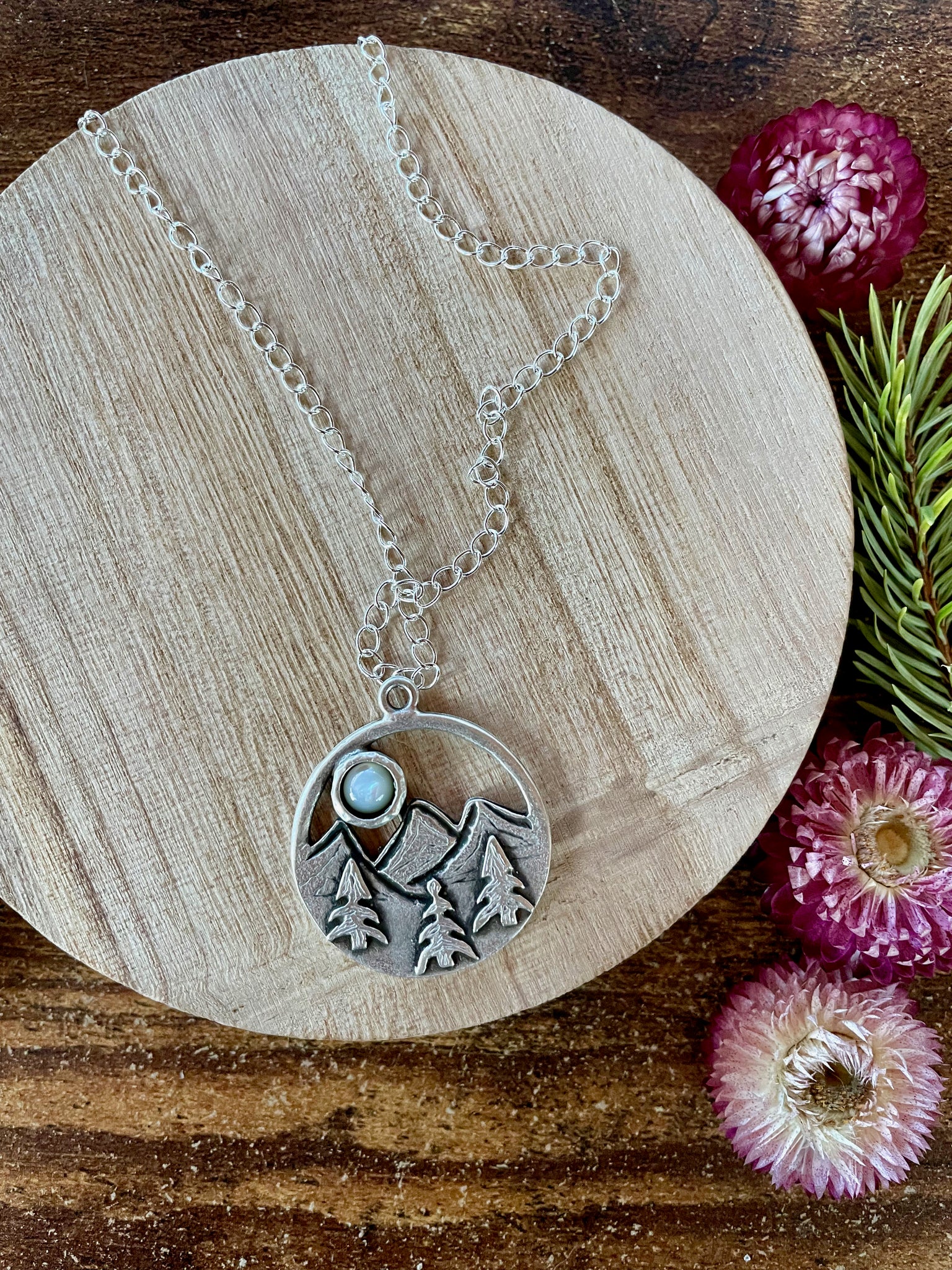 mother of pearl moon landscape necklace
