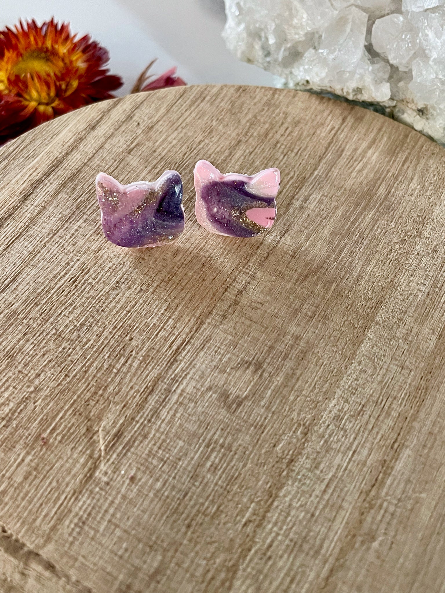polymer clay quartz cat stud earrings