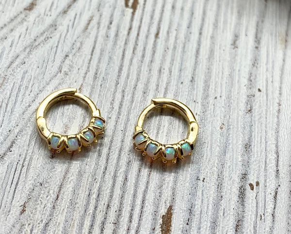 opal huggie earrings, gold earrings, bridesmaid earring, gift for her, hypoallergenic, gift, gift for her, holiday, small hoop, gold earring