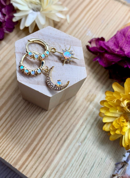 golden celestial opal huggie earrings