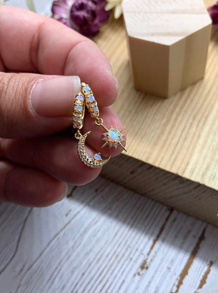 golden celestial opal huggie earrings