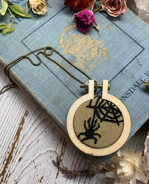 cross stitch necklace // spider // spiderweb // autumn // fall necklace // handmade necklace // cottagecore // holiday // christmas