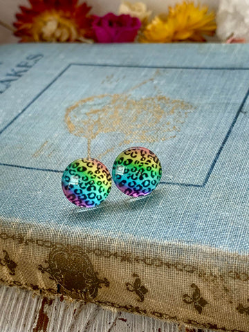 lisa frank earring, cheetah print earring, stud earring, large stud, earrings, holiday, christmas, stocking stuffer