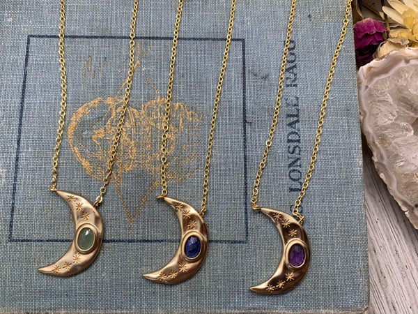 gold crescent moon necklace, aventurine, lapis lazuli, amethyst, crescent moon jewelry, gold necklace, gift, holiday, mothers day