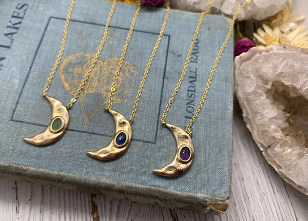 gold crescent moon necklace, aventurine, lapis lazuli, amethyst, crescent moon jewelry, gold necklace, gift, holiday, mothers day
