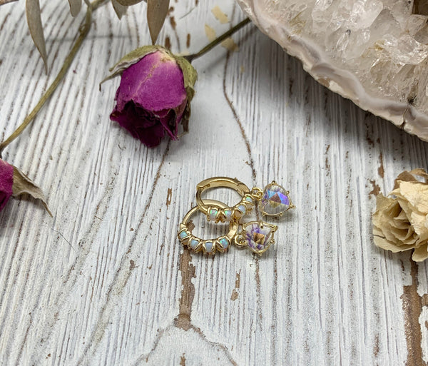 iridescent heart opal huggie earrings
