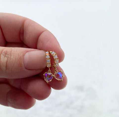 iridescent heart opal huggie earrings
