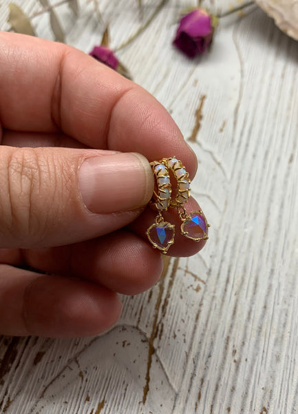 iridescent heart opal huggie earrings