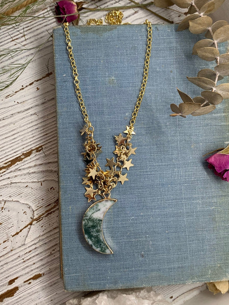 moss agate crescent moon necklace // moon and stars // gold necklace // gift // gift for her // holiday