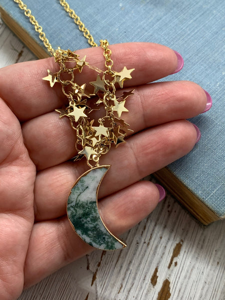 moss agate crescent moon necklace // moon and stars // gold necklace // gift // gift for her // holiday