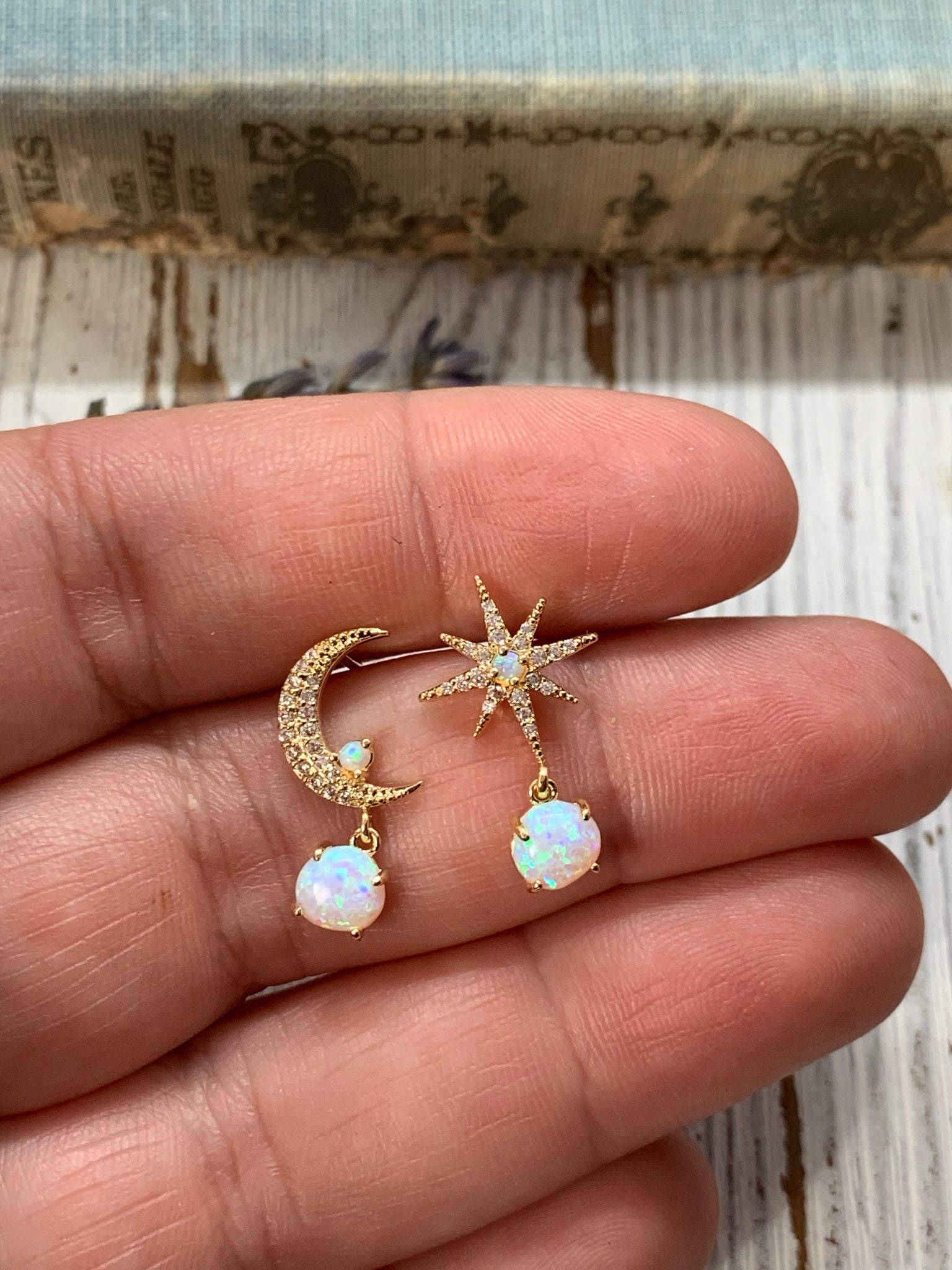 moon and star earrings, opal earrings, dangle earrings, delicate jewelry, gold earrings, gold jewelry, opal, opal star, opal moon, celestial