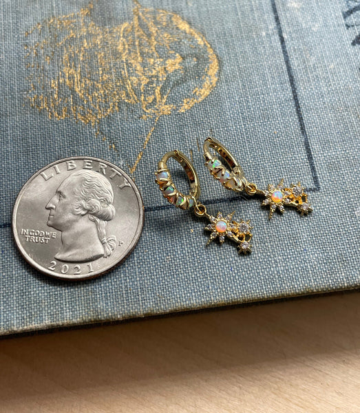 opal huggie earrings // gold huggie earrings // bridesmaid earring // gift for her // sterling silver // opal hoops // tangled // sun burst