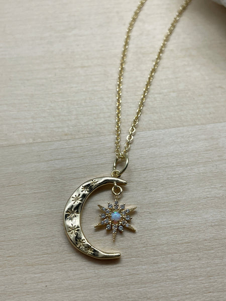 gold opal crescent moon necklace, gold necklace, jewelry, crescent moon, moon and stars, gift, gift for her, gift for mom, summer, celestial
