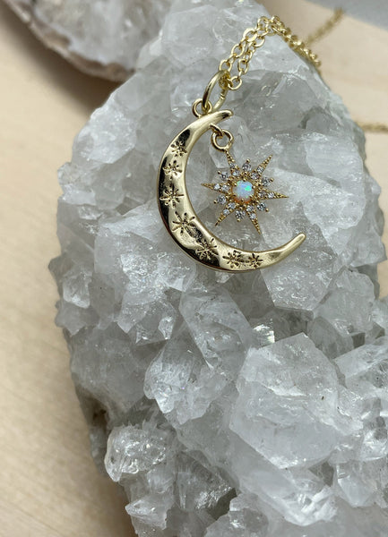 gold opal crescent moon necklace, gold necklace, jewelry, crescent moon, moon and stars, gift, gift for her, gift for mom, summer, celestial