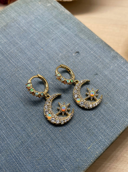 opal moon huggies, gold earrings, small hoops, opal earrings, crescent moon, celestial, jewelry, gift, gift for her, gift for mom, moon