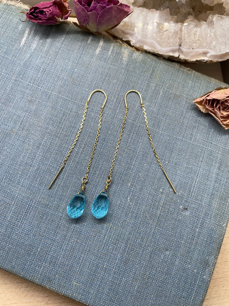 blue glass earring, gold threaders, blue threader, glass earrings, gift, gift for her, jewelry, gift for mom, gold earrings, blue teardrop