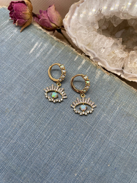 evil eye opal huggie earrings, huggy, gift for her, sterling silver, opal hoops, holiday, summer jewelry, opal birthstone, october, mom
